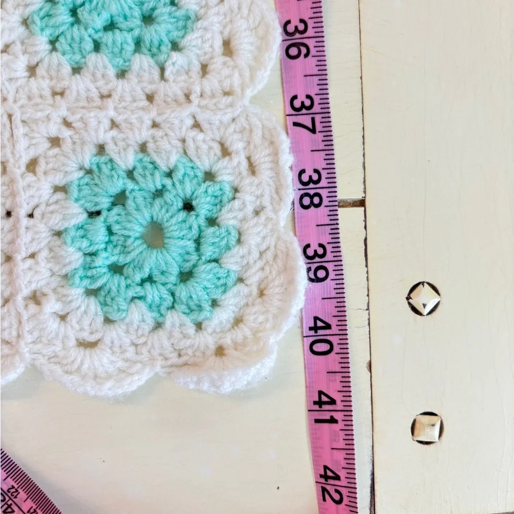 Granny Square Crochet Blanket Afghan White Blue/Green 32X40.5in Handmade